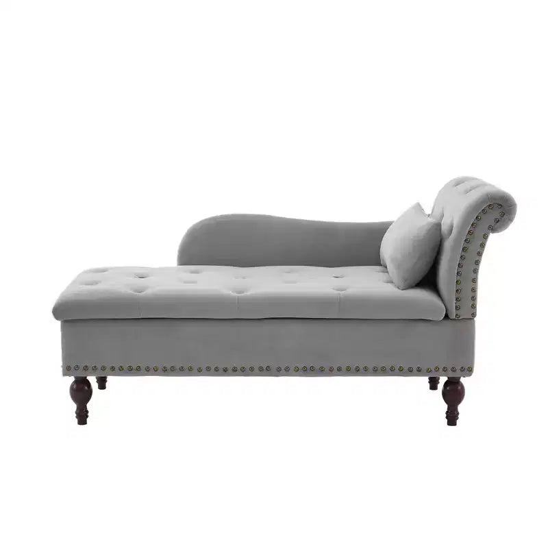 HYLEORY Storage Chaise Lounge, Modern Button Tufted Velvet Upholstered Leisure Accent Chair with Solid Wood Legs & Lumbar Pillow (right Armrest)