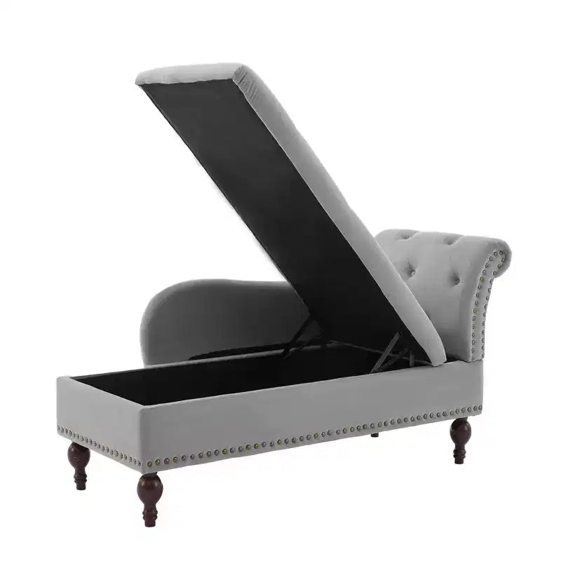 HYLEORY Storage Chaise Lounge, Modern Button Tufted Velvet Upholstered Leisure Accent Chair with Solid Wood Legs & Lumbar Pillow (right Armrest)