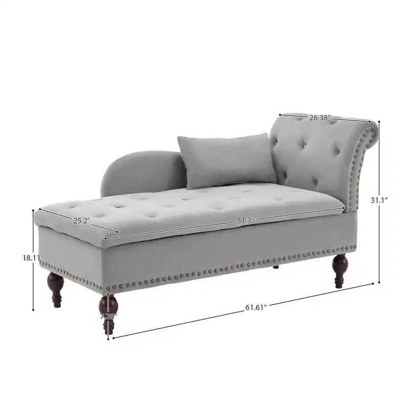 HYLEORY Storage Chaise Lounge, Modern Button Tufted Velvet Upholstered Leisure Accent Chair with Solid Wood Legs & Lumbar Pillow (right Armrest)