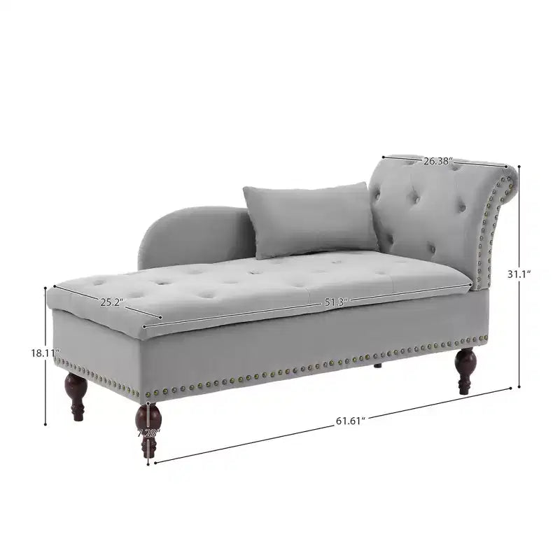 HYLEORY Storage Chaise Lounge, Modern Button Tufted Velvet Upholstered Leisure Accent Chair with Solid Wood Legs & Lumbar Pillow (right Armrest)