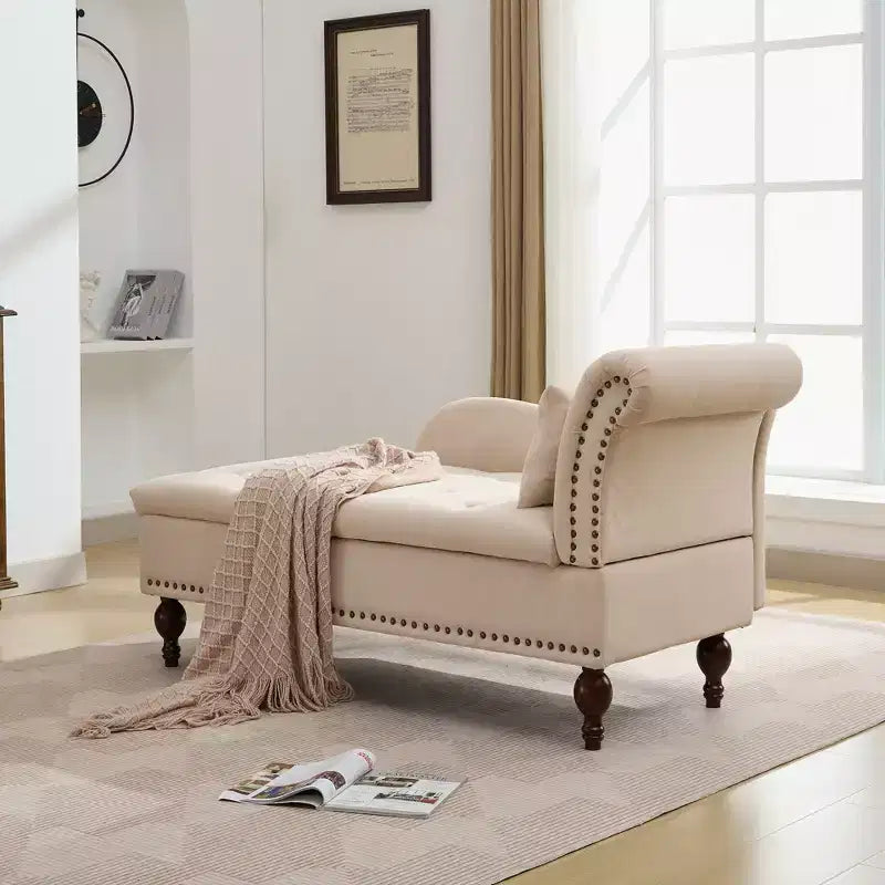 HYLEORY Storage Chaise Lounge, Modern Button Tufted Velvet Upholstered Leisure Accent Chair with Solid Wood Legs & Lumbar Pillow (right Armrest)