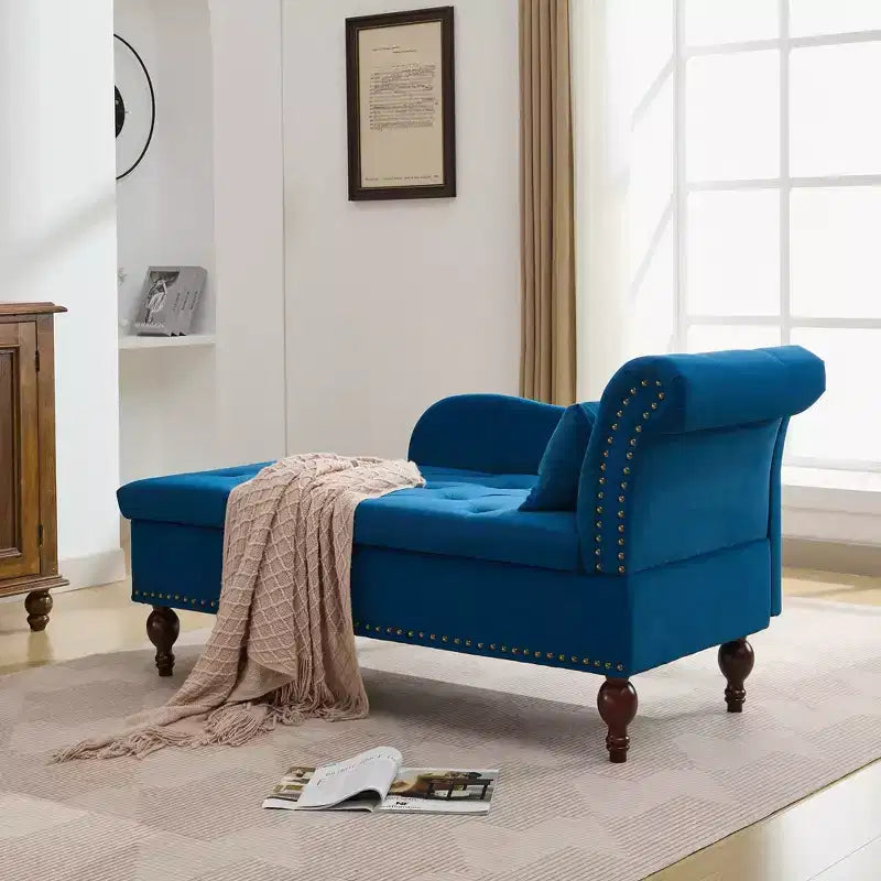 HYLEORY Storage Chaise Lounge, Modern Button Tufted Velvet Upholstered Leisure Accent Chair with Solid Wood Legs & Lumbar Pillow (right Armrest)