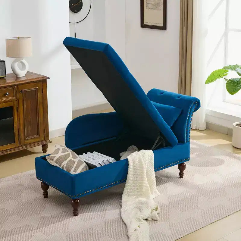 HYLEORY Storage Chaise Lounge, Modern Button Tufted Velvet Upholstered Leisure Accent Chair with Solid Wood Legs & Lumbar Pillow (right Armrest)