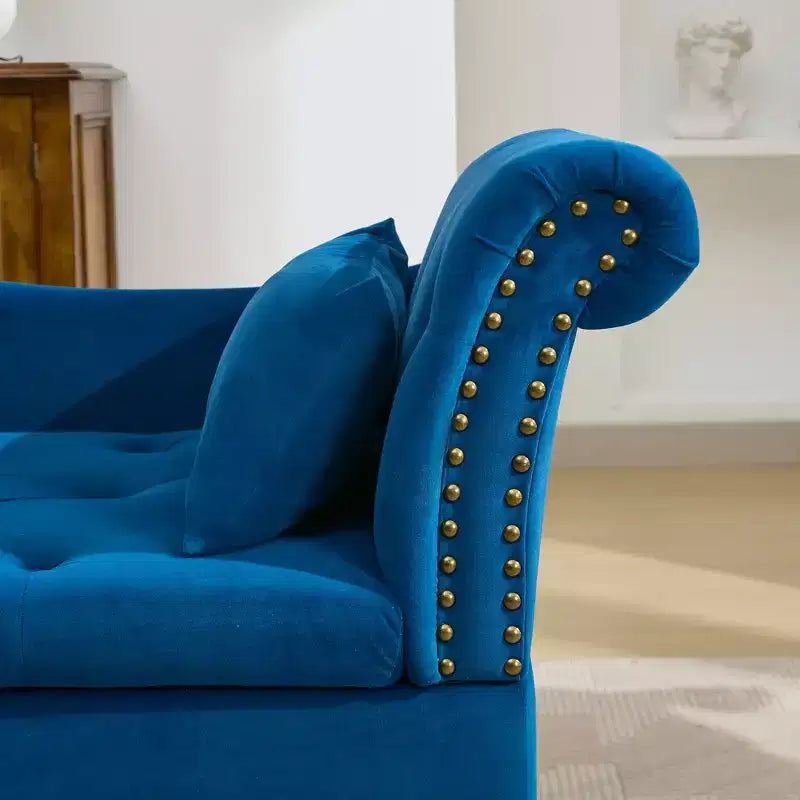 HYLEORY Storage Chaise Lounge, Modern Button Tufted Velvet Upholstered Leisure Accent Chair with Solid Wood Legs & Lumbar Pillow (right Armrest)