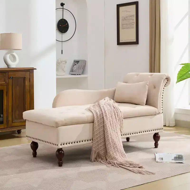 HYLEORY Storage Chaise Lounge, Modern Button Tufted Velvet Upholstered Leisure Accent Chair with Solid Wood Legs & Lumbar Pillow (right Armrest)