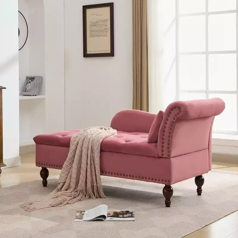 HYLEORY Storage Chaise Lounge, Modern Button Tufted Velvet Upholstered Leisure Accent Chair with Solid Wood Legs & Lumbar Pillow (right Armrest)