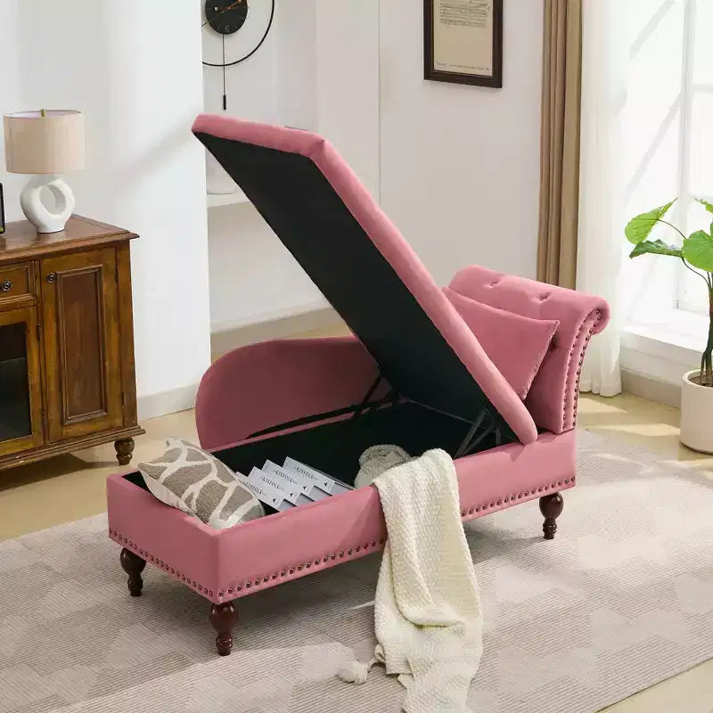 HYLEORY Storage Chaise Lounge, Modern Button Tufted Velvet Upholstered Leisure Accent Chair with Solid Wood Legs & Lumbar Pillow (right Armrest)