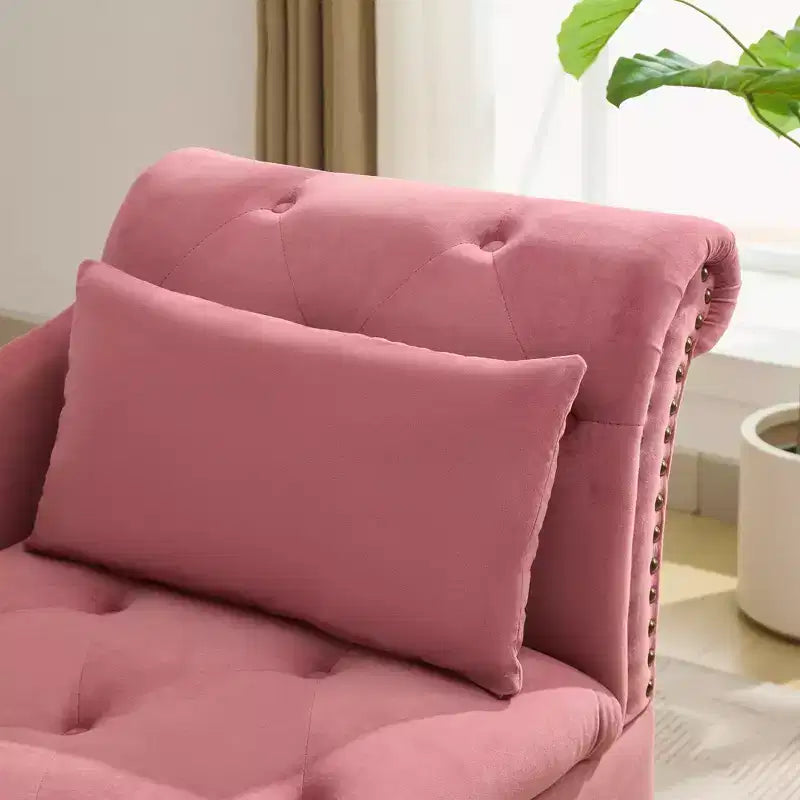 HYLEORY Storage Chaise Lounge, Modern Button Tufted Velvet Upholstered Leisure Accent Chair with Solid Wood Legs & Lumbar Pillow (right Armrest)
