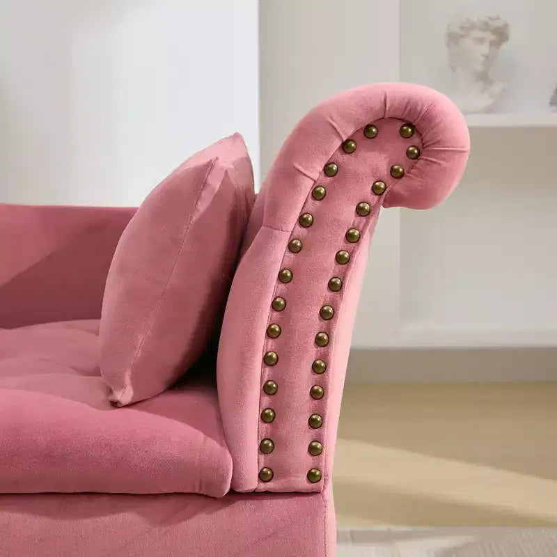 HYLEORY Storage Chaise Lounge, Modern Button Tufted Velvet Upholstered Leisure Accent Chair with Solid Wood Legs & Lumbar Pillow (right Armrest)