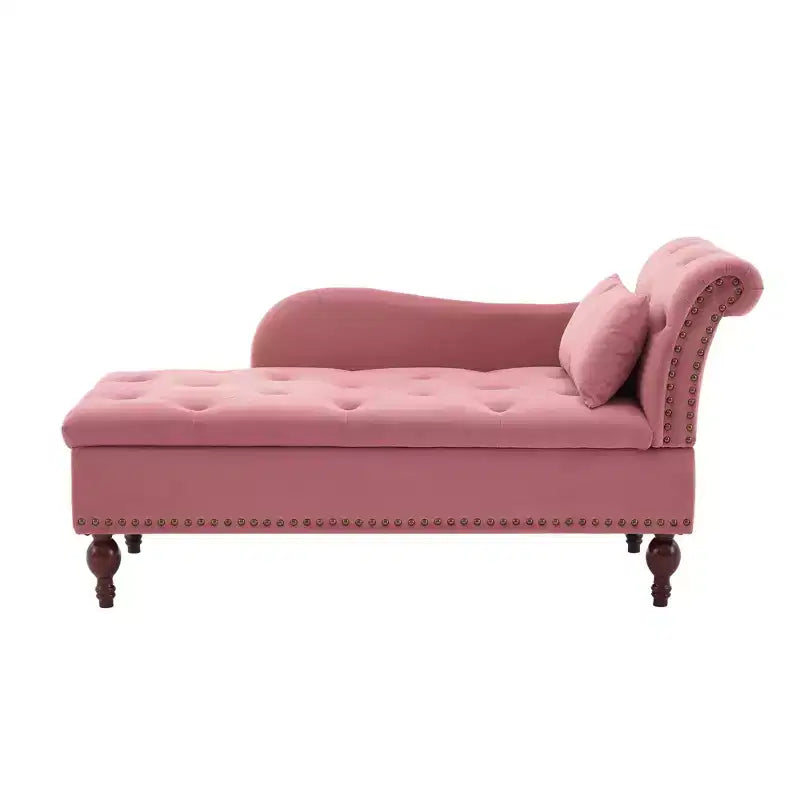 HYLEORY Storage Chaise Lounge, Modern Button Tufted Velvet Upholstered Leisure Accent Chair with Solid Wood Legs & Lumbar Pillow (right Armrest)
