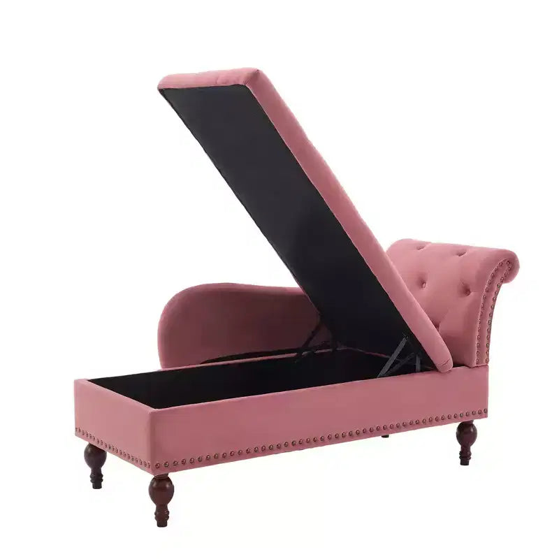 HYLEORY Storage Chaise Lounge, Modern Button Tufted Velvet Upholstered Leisure Accent Chair with Solid Wood Legs & Lumbar Pillow (right Armrest)
