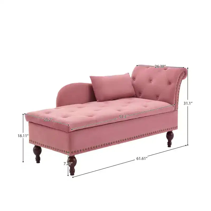 HYLEORY Storage Chaise Lounge, Modern Button Tufted Velvet Upholstered Leisure Accent Chair with Solid Wood Legs & Lumbar Pillow (right Armrest)