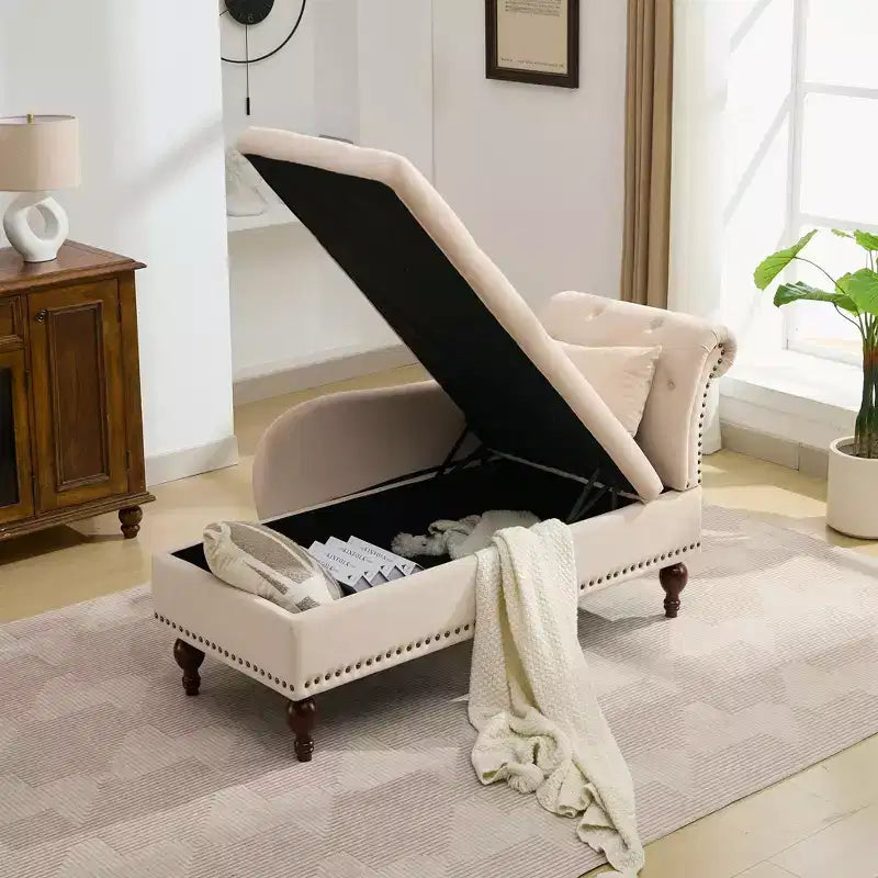 HYLEORY Storage Chaise Lounge, Modern Button Tufted Velvet Upholstered Leisure Accent Chair with Solid Wood Legs & Lumbar Pillow (right Armrest)