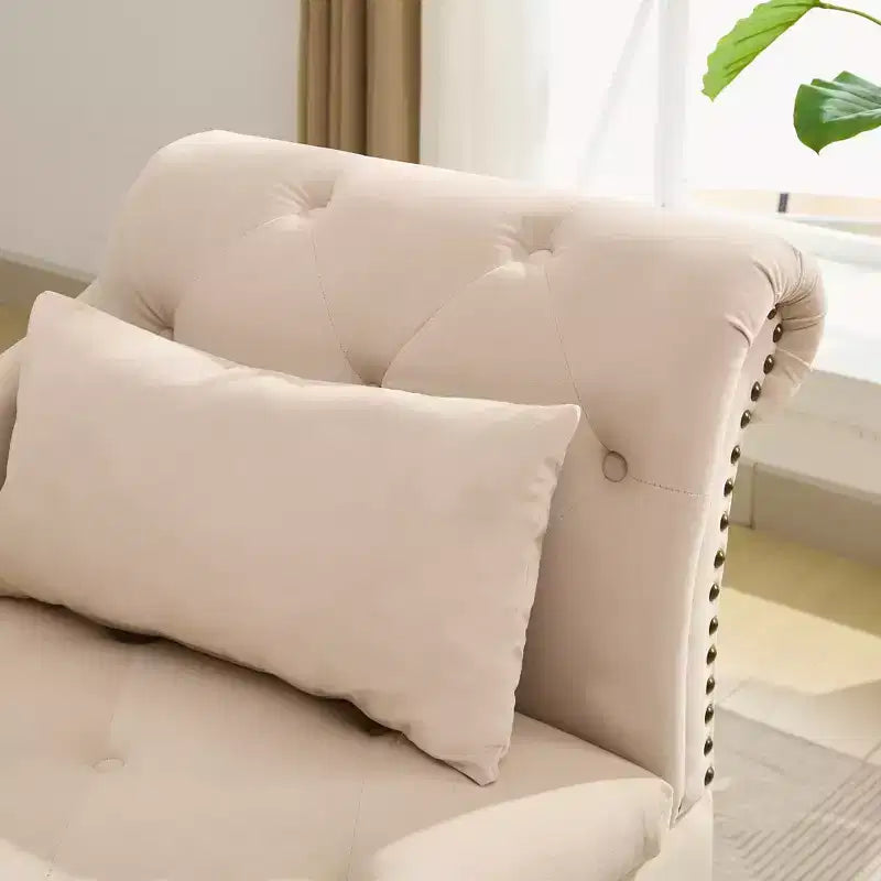 HYLEORY Storage Chaise Lounge, Modern Button Tufted Velvet Upholstered Leisure Accent Chair with Solid Wood Legs & Lumbar Pillow (right Armrest)
