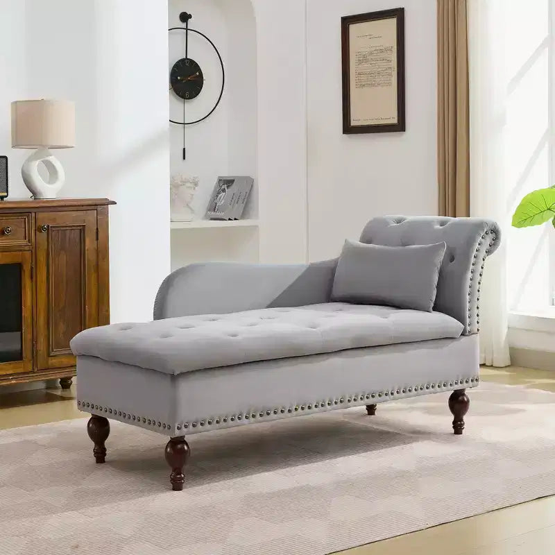 HYLEORY Storage Chaise Lounge, Modern Button Tufted Velvet Upholstered Leisure Accent Chair with Solid Wood Legs & Lumbar Pillow (right Armrest)