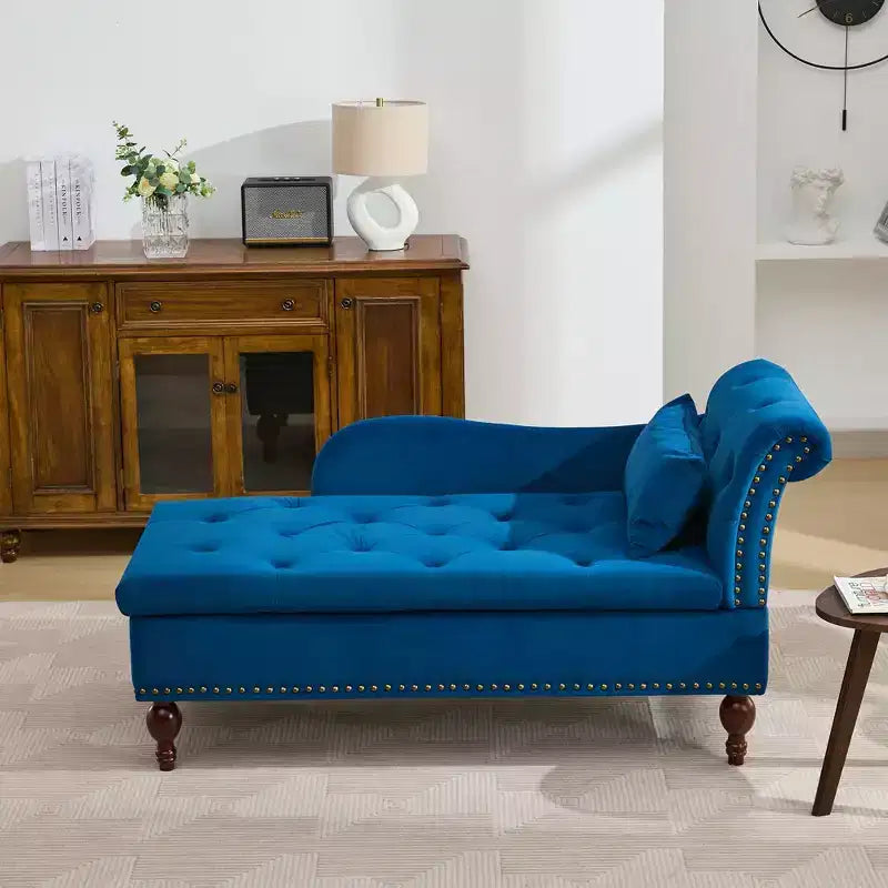 HYLEORY Storage Chaise Lounge, Modern Button Tufted Velvet Upholstered Leisure Accent Chair with Solid Wood Legs & Lumbar Pillow (right Armrest)