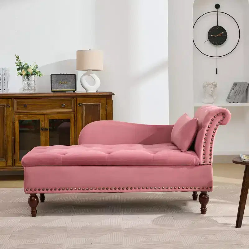 HYLEORY Storage Chaise Lounge, Modern Button Tufted Velvet Upholstered Leisure Accent Chair with Solid Wood Legs & Lumbar Pillow (right Armrest)