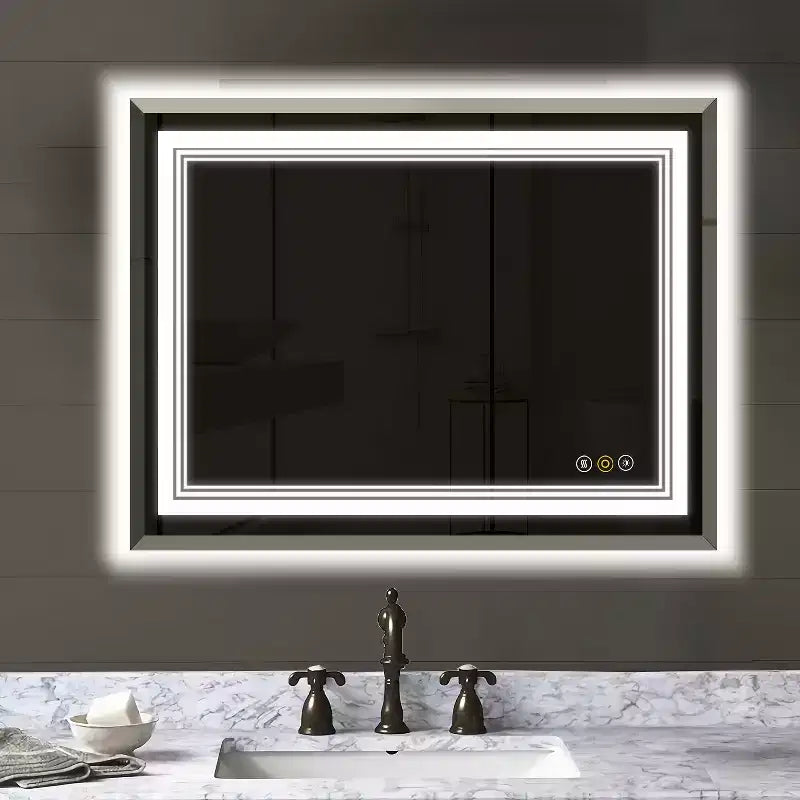HBEZON Vanity Mirror with Lights, LED Wall Mount Bathroom Mirror, 3-Color Mode, Front/Backlit Lights, Dimmable, Anti-Fog, Rectangle, Aluminum, Silver