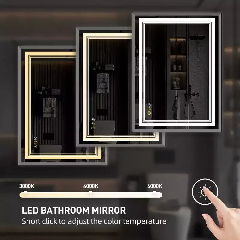 HBEZON Vanity Mirror with Lights, LED Wall Mount Bathroom Mirror, 3-Color Mode, Front/Backlit Lights, Dimmable, Anti-Fog, Rectangle, Aluminum, Silver