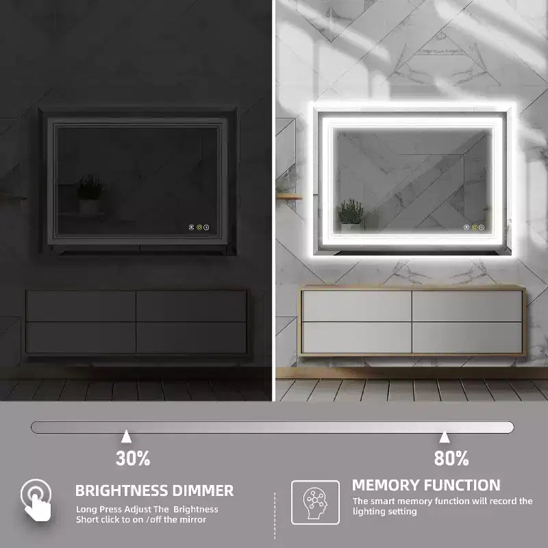 HBEZON Vanity Mirror with Lights, LED Wall Mount Bathroom Mirror, 3-Color Mode, Front/Backlit Lights, Dimmable, Anti-Fog, Rectangle, Aluminum, Silver