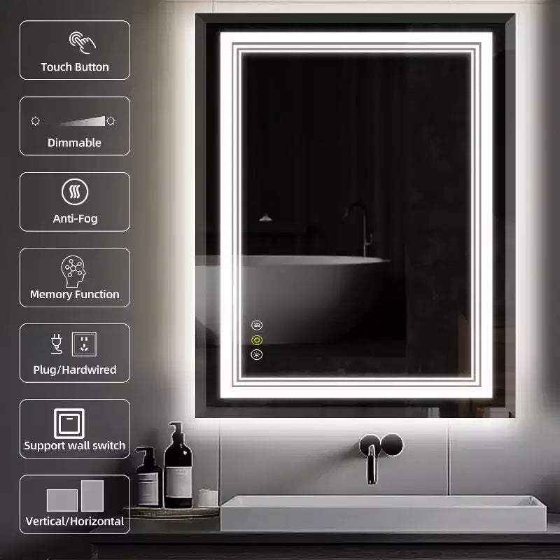 HBEZON Vanity Mirror with Lights, LED Wall Mount Bathroom Mirror, 3-Color Mode, Front/Backlit Lights, Dimmable, Anti-Fog, Rectangle, Aluminum, Silver