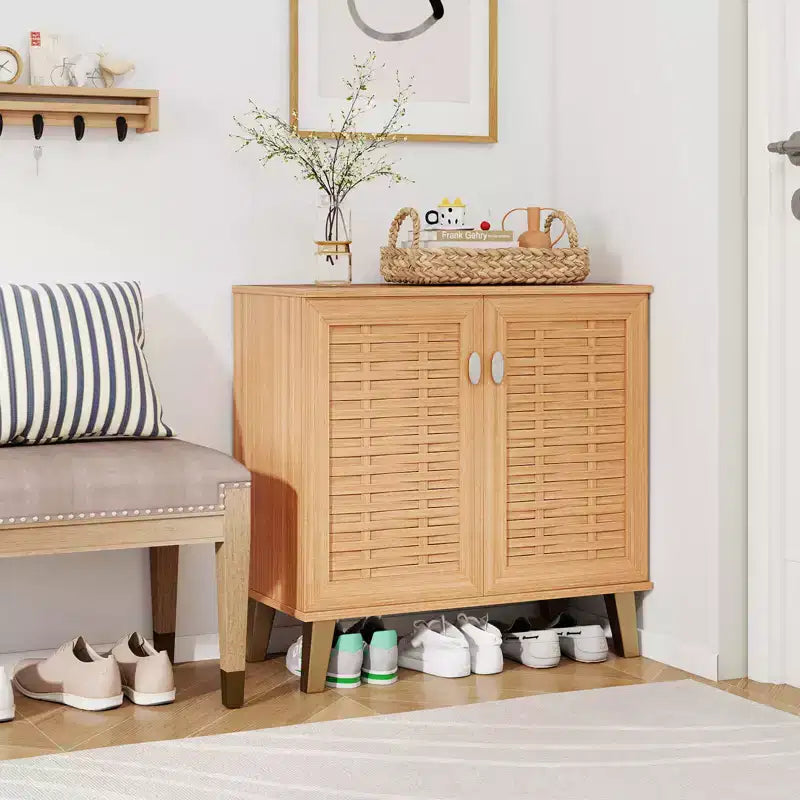 Costway 2-Door Shoe Cabinet with Ventilated Woven Doors & 3 Removable Shelves for Entryway