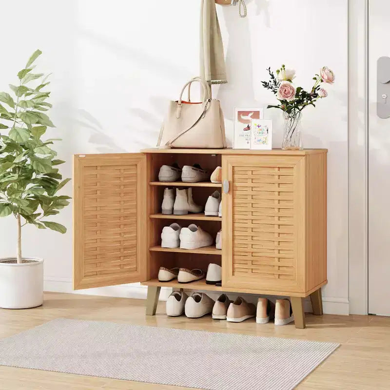 Costway 2-Door Shoe Cabinet with Ventilated Woven Doors & 3 Removable Shelves for Entryway