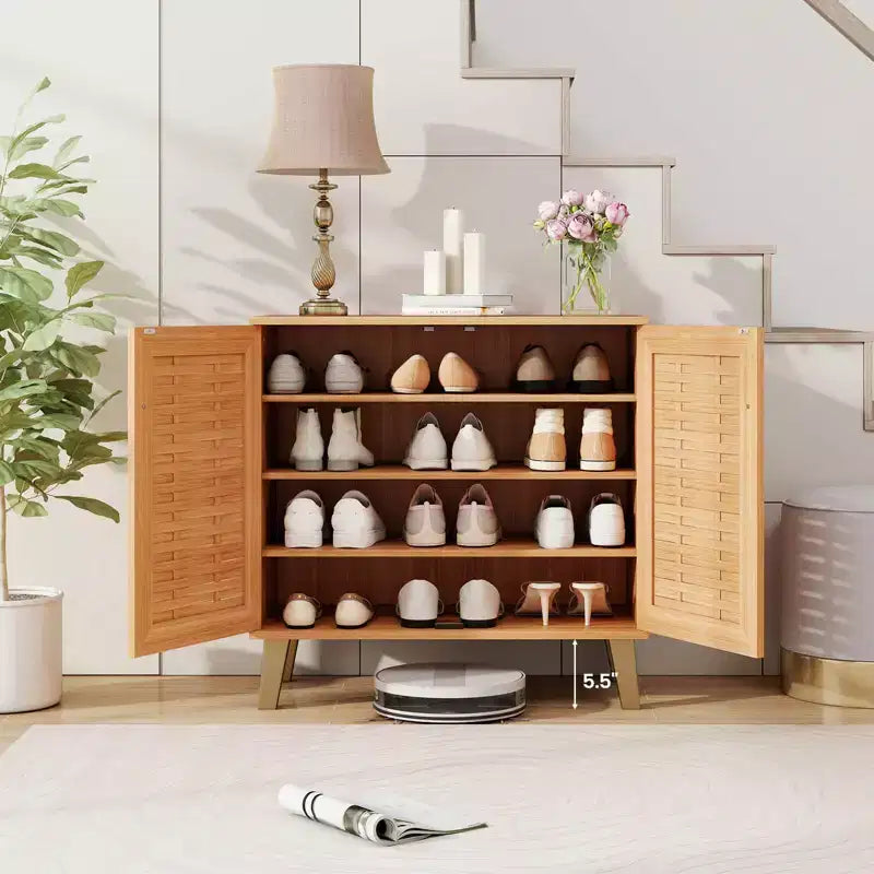 Costway 2-Door Shoe Cabinet with Ventilated Woven Doors & 3 Removable Shelves for Entryway