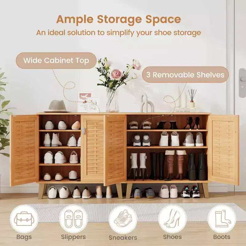 Costway 2-Door Shoe Cabinet with Ventilated Woven Doors & 3 Removable Shelves for Entryway
