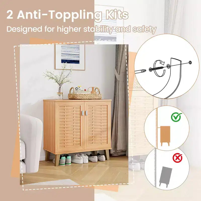 Costway 2-Door Shoe Cabinet with Ventilated Woven Doors & 3 Removable Shelves for Entryway