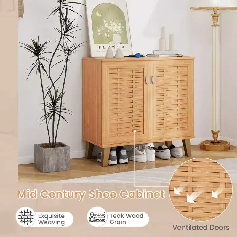 Costway 2-Door Shoe Cabinet with Ventilated Woven Doors & 3 Removable Shelves for Entryway