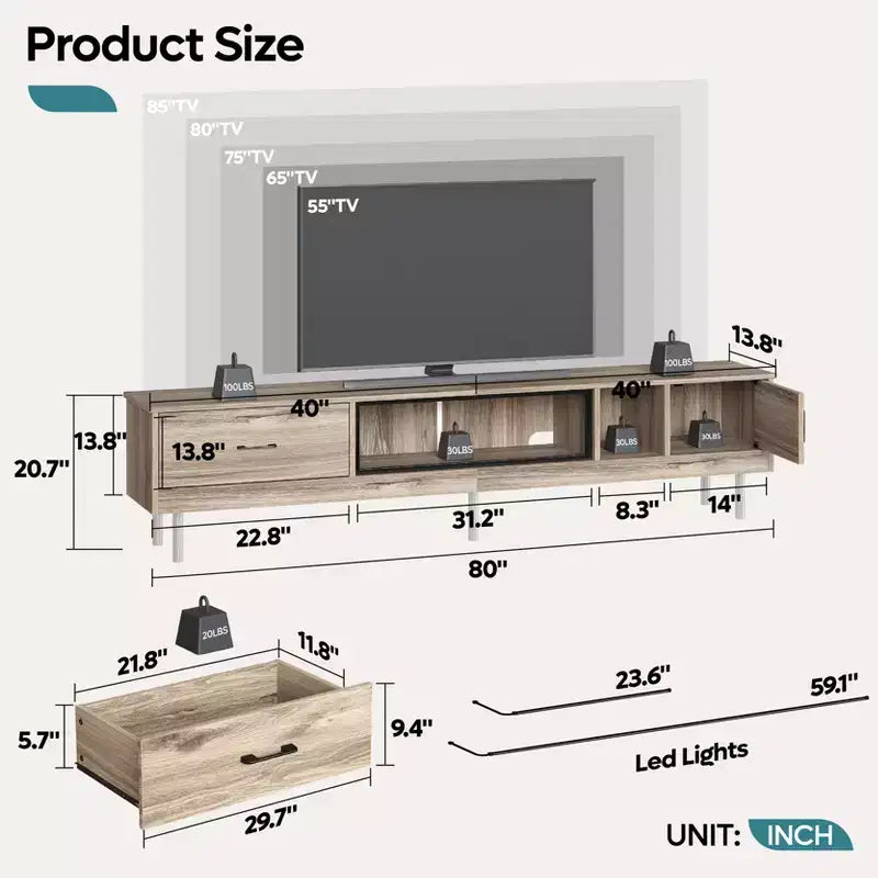 Bestier 80 TV Stand with Storage for TVs up to 85, LED High Glossy Entertainment Center with Drawer, TV Console Media Center with Open Shelves