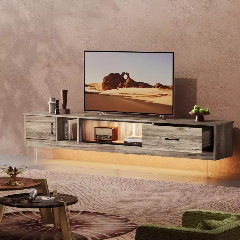 Bestier 80 TV Stand with Storage for TVs up to 85, LED High Glossy Entertainment Center with Drawer, TV Console Media Center with Open Shelves