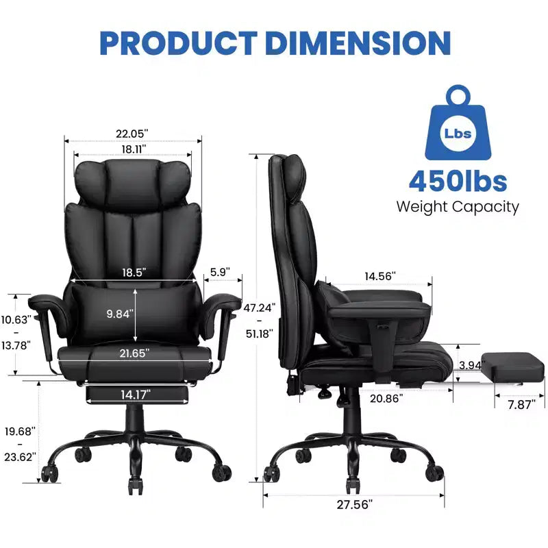 Hoffree Big & Tall Executive Leather Ergonomic Office Chair 450Lbs with 2-Point Massage Lumbar Support & Footrest