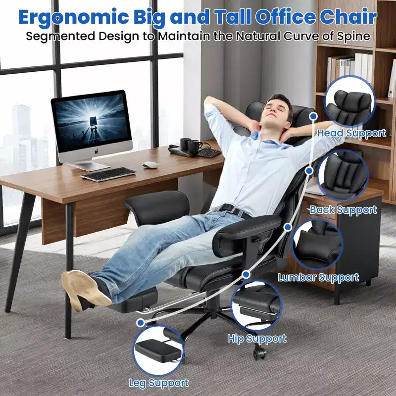 Hoffree Big & Tall Executive Leather Ergonomic Office Chair 450Lbs with 2-Point Massage Lumbar Support & Footrest