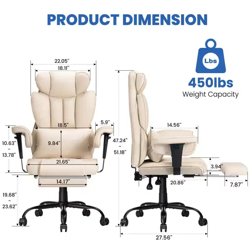 Hoffree Big & Tall Executive Leather Ergonomic Office Chair 450Lbs with 2-Point Massage Lumbar Support & Footrest