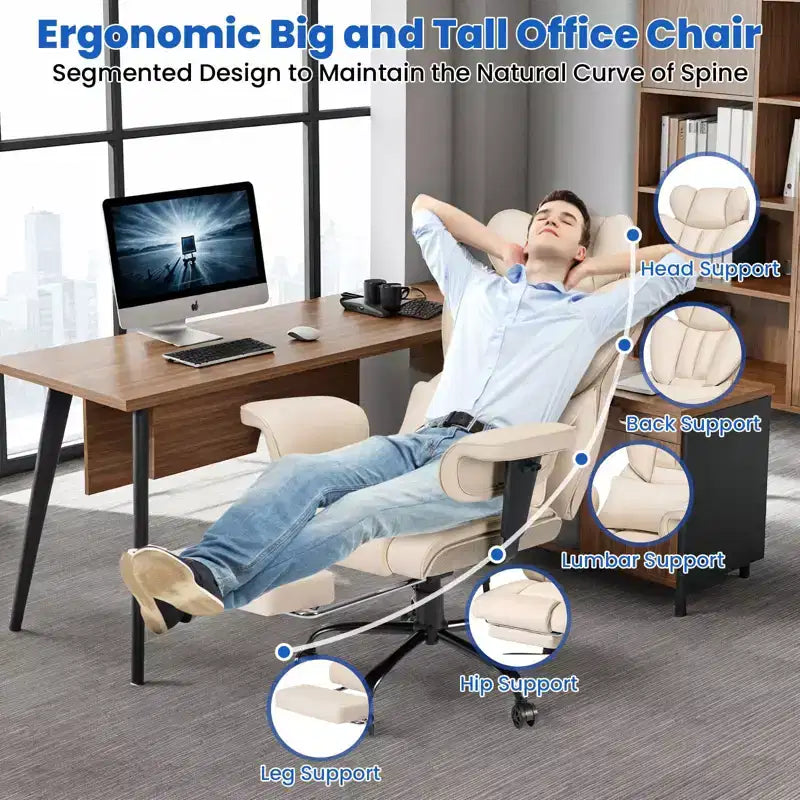 Hoffree Big & Tall Executive Leather Ergonomic Office Chair 450Lbs with 2-Point Massage Lumbar Support & Footrest