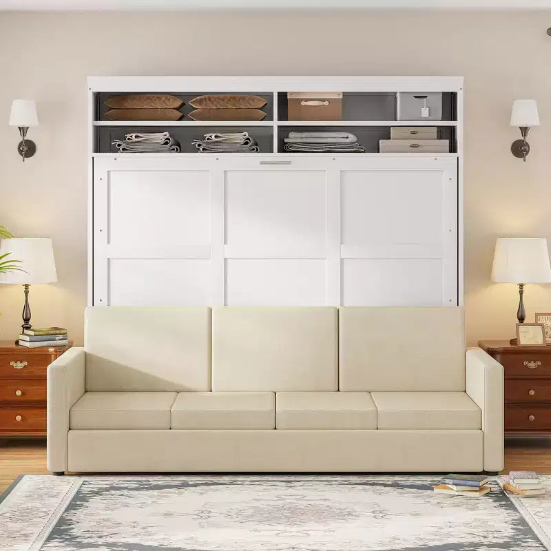 Queen Size Murphy Bed Wall Bed with 4-Seater Sofa and Storage Shelves-ModernLuxe