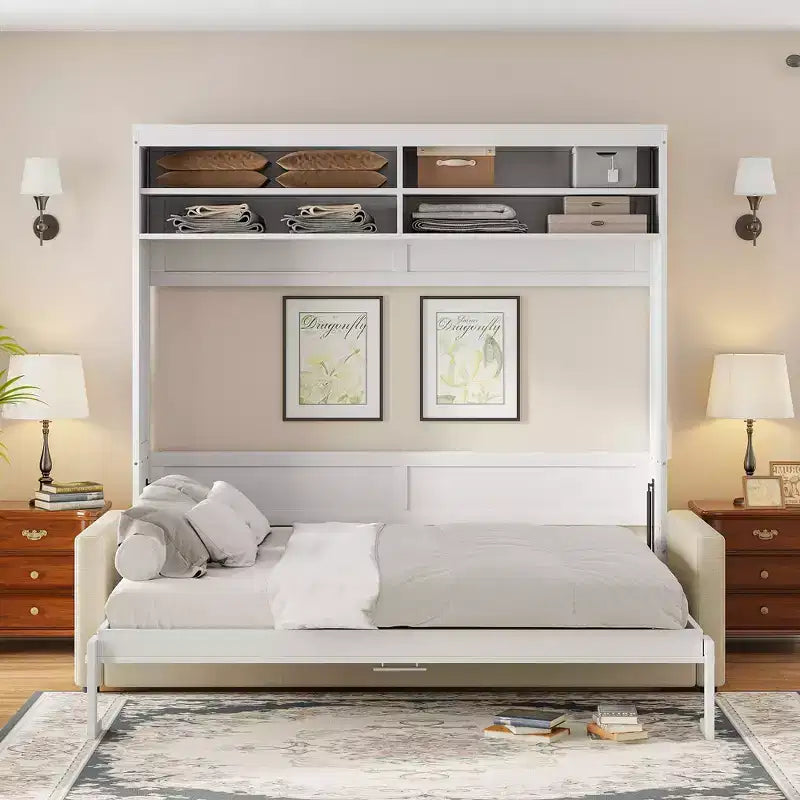 Queen Size Murphy Bed Wall Bed with 4-Seater Sofa and Storage Shelves-ModernLuxe