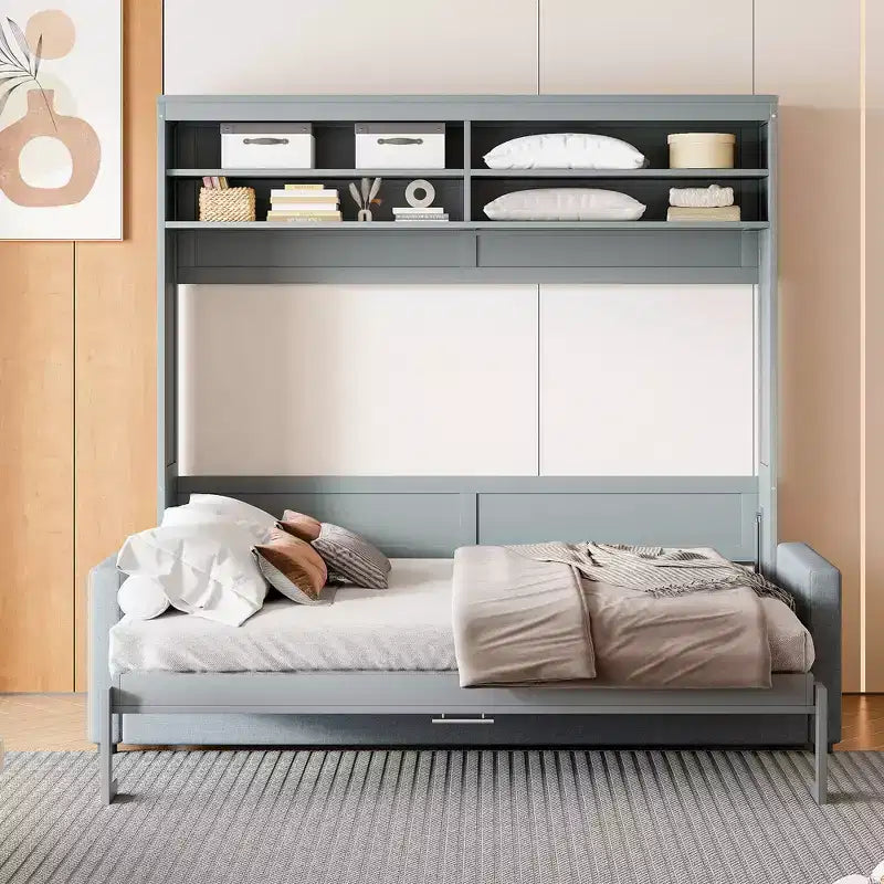 Queen Size Murphy Bed Wall Bed with 4-Seater Sofa and Storage Shelves-ModernLuxe