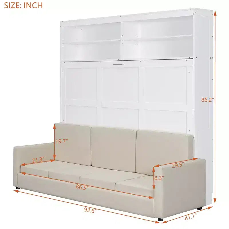 Queen Size Murphy Bed Wall Bed with 4-Seater Sofa and Storage Shelves-ModernLuxe