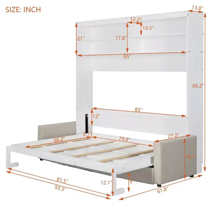 Queen Size Murphy Bed Wall Bed with 4-Seater Sofa and Storage Shelves-ModernLuxe