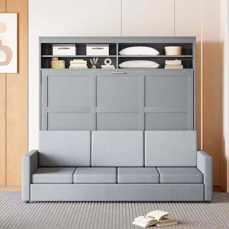 Queen Size Murphy Bed Wall Bed with 4-Seater Sofa and Storage Shelves-ModernLuxe