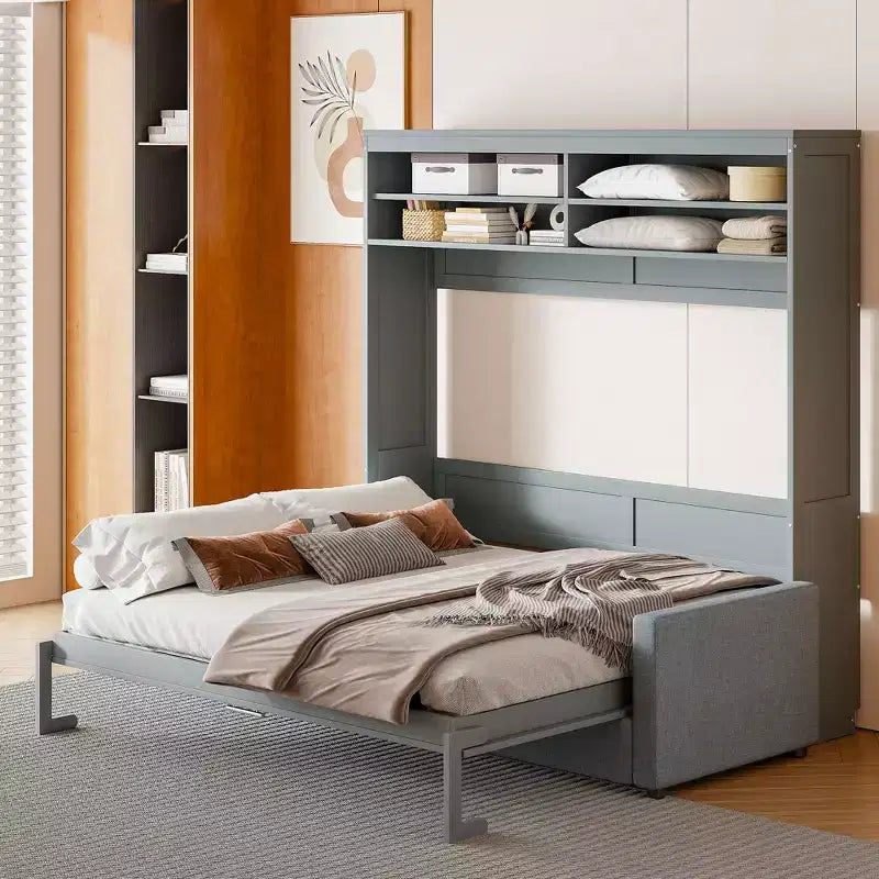 Queen Size Murphy Bed Wall Bed with 4-Seater Sofa and Storage Shelves-ModernLuxe