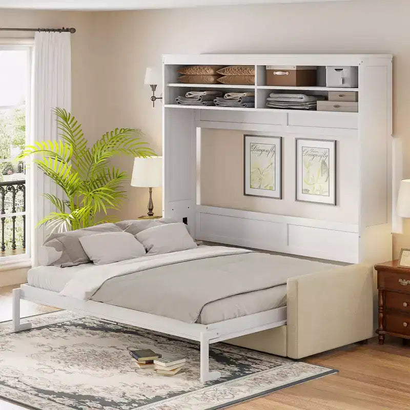 Queen Size Murphy Bed Wall Bed with 4-Seater Sofa and Storage Shelves-ModernLuxe