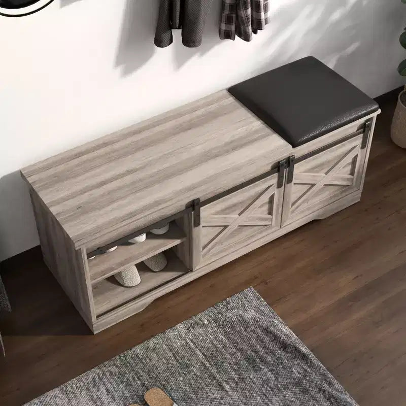 47W Farmhouse Shoe Bench Storage Bench with Sliding X Barn Door, Adjustable Shelves and Cushion-ModernLuxe
