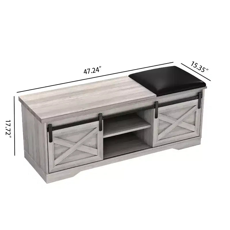47W Farmhouse Shoe Bench Storage Bench with Sliding X Barn Door, Adjustable Shelves and Cushion-ModernLuxe