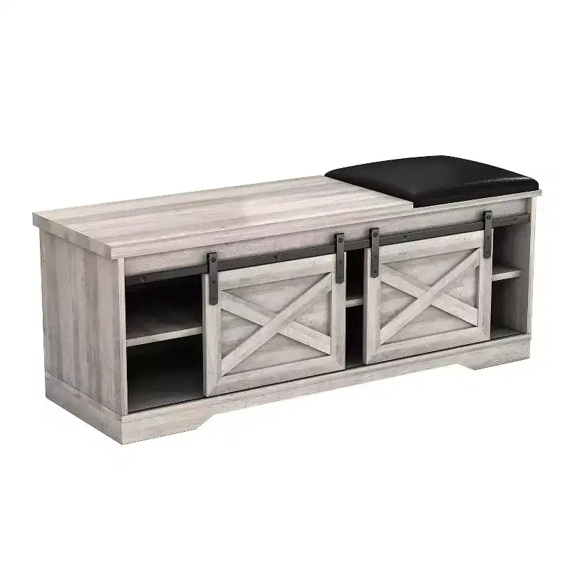47W Farmhouse Shoe Bench Storage Bench with Sliding X Barn Door, Adjustable Shelves and Cushion-ModernLuxe