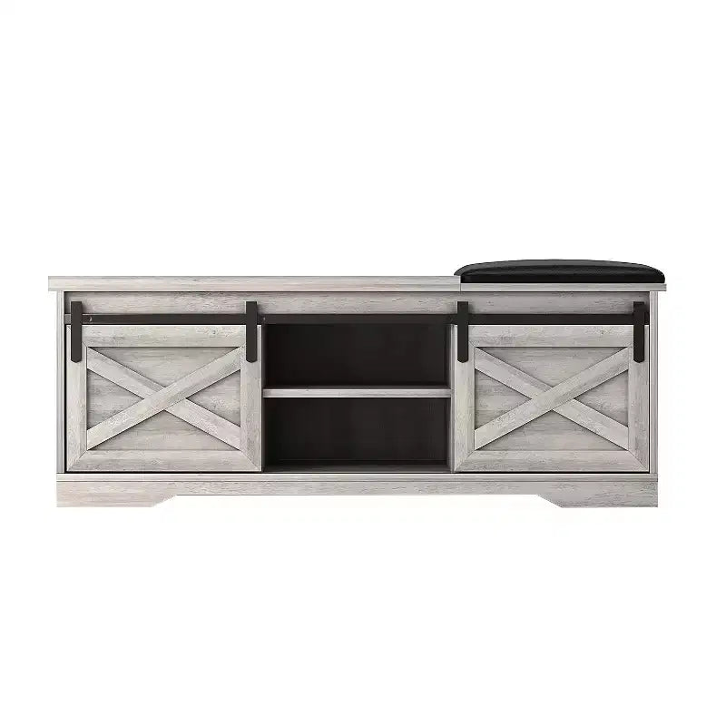 47W Farmhouse Shoe Bench Storage Bench with Sliding X Barn Door, Adjustable Shelves and Cushion-ModernLuxe