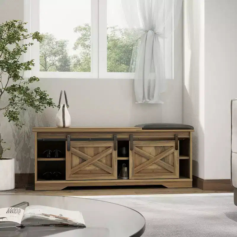 47W Farmhouse Shoe Bench Storage Bench with Sliding X Barn Door, Adjustable Shelves and Cushion-ModernLuxe